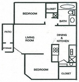 Whispering Waters 2 bed 1 bath floorplan